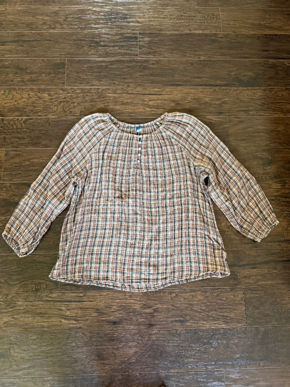 Old Navy XL Plaid Peasant Blouse Brown Cotton Balloon Sleeve Boho Top - Picture 9 of 10